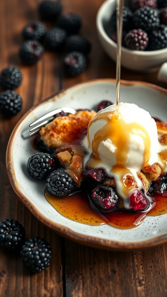 A delicious serving of maple syrup blackberry cobbler topped with vanilla ice cream and fresh blackberries.