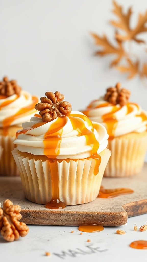 Maple vanilla cupcakes with maple frosting and decorative toppings.