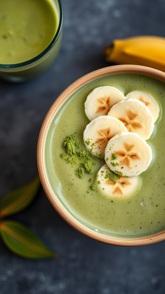 A vibrant green Matcha Banana Smoothie topped with banana slices.