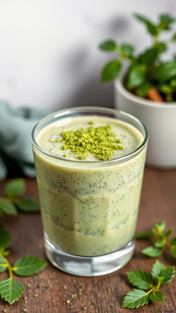 A refreshing cup of Matcha Green Tea Chia Pudding topped with green tea powder.
