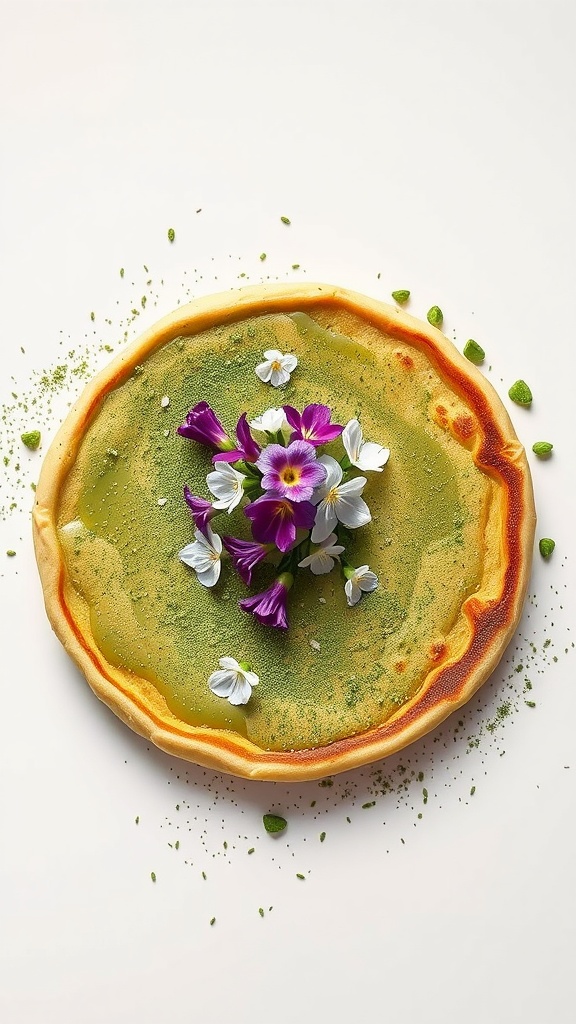 Fluffy Matcha Green Tea German Pancake garnished with flowers