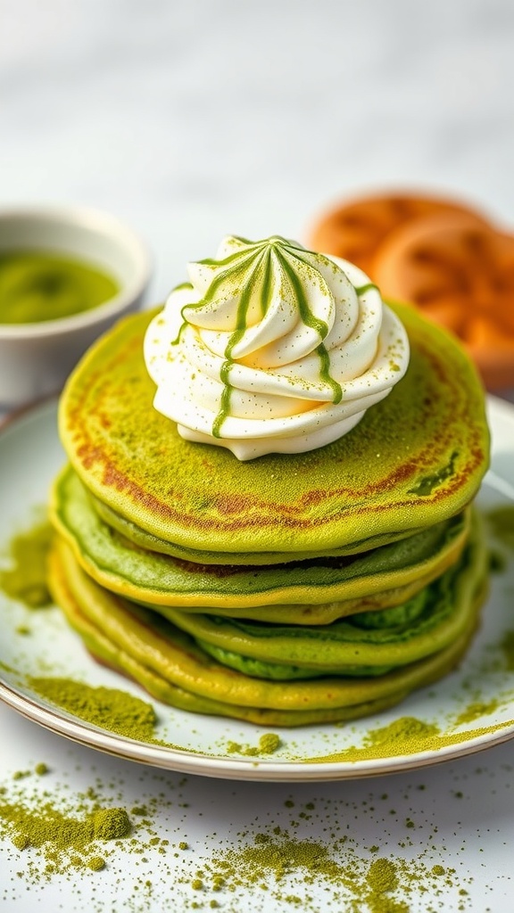 A stack of matcha green tea pancakes topped with whipped cream and a drizzle of syrup.