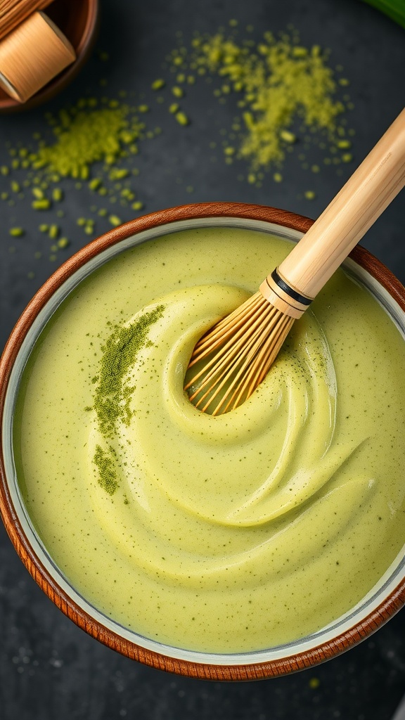 A bowl of creamy matcha green tea rice pudding with a bamboo whisk