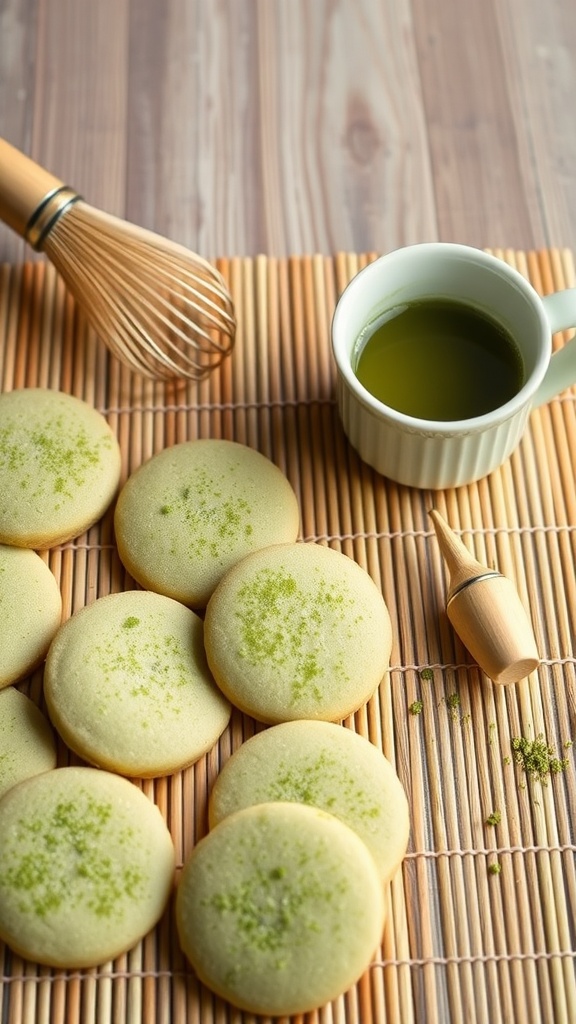 Matcha green tea sugar cookies on a bamboo mat with whisk and matcha.