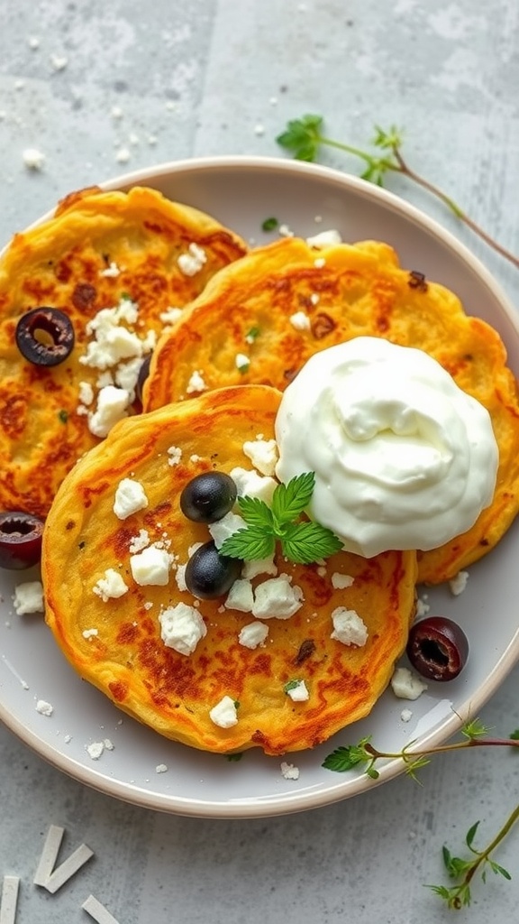 A plate of Mediterranean potato pancakes topped with feta cheese, olives, and yogurt.