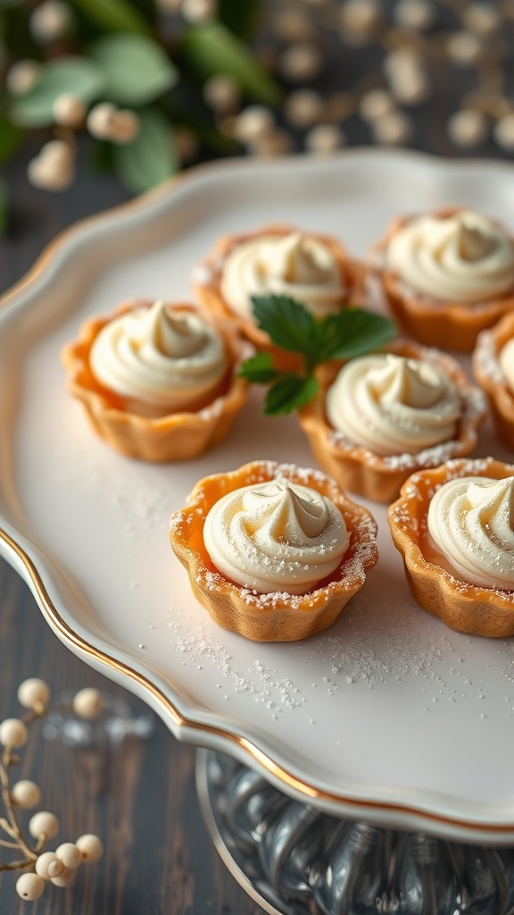 Mini apple tarts with almond cream on a decorative plate.