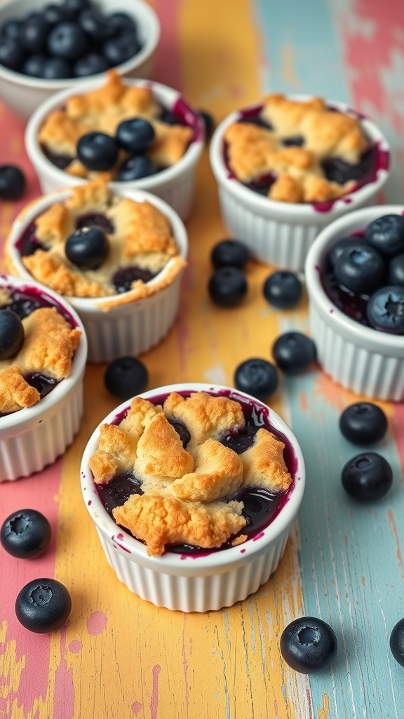Mini blueberry cobblers in individual dishes with fresh blueberries scattered around.