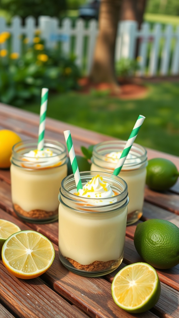 Mini key lime pies in mason jars with whipped cream and lime garnishes.