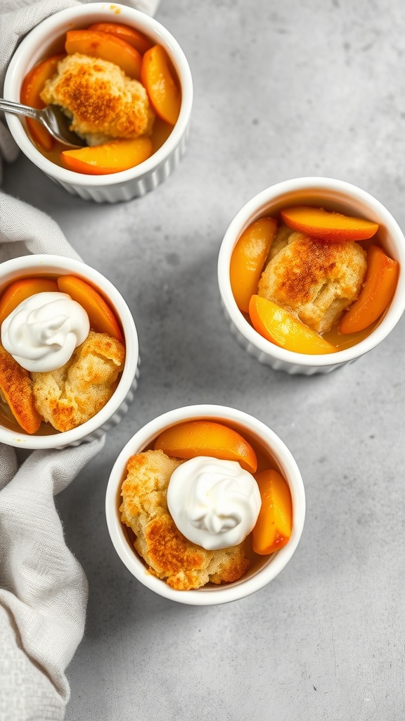 Mini peach cobblers in white ramekins topped with whipped cream.