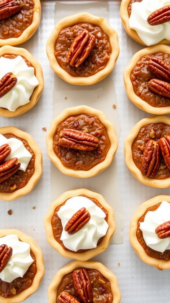 Mini pecan pies arranged in a baking tray