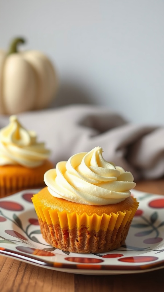 Mini pumpkin cheesecake cupcakes with cream cheese frosting on a decorative plate.