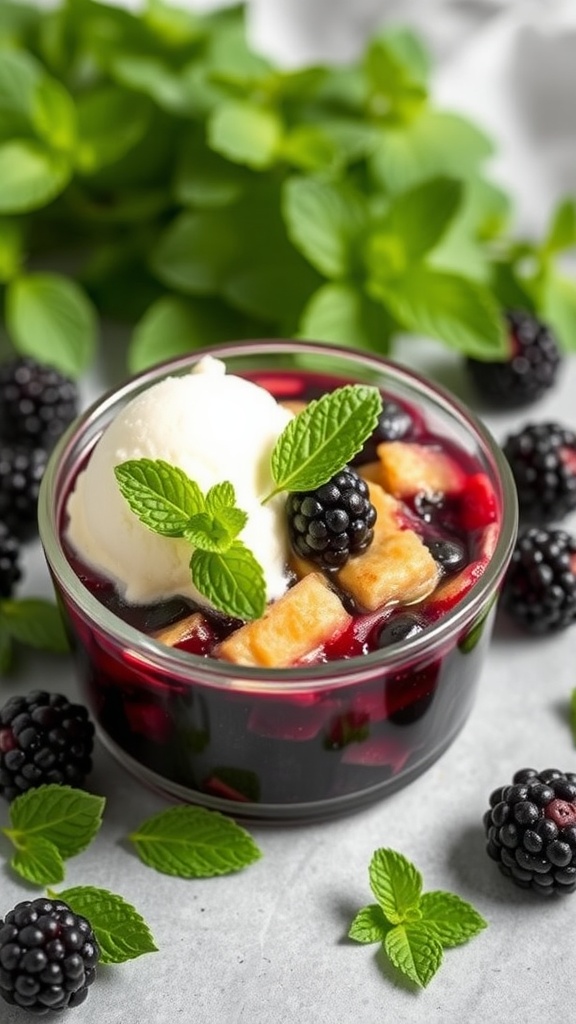 Delicious mint-infused blackberry cobbler served with vanilla ice cream
