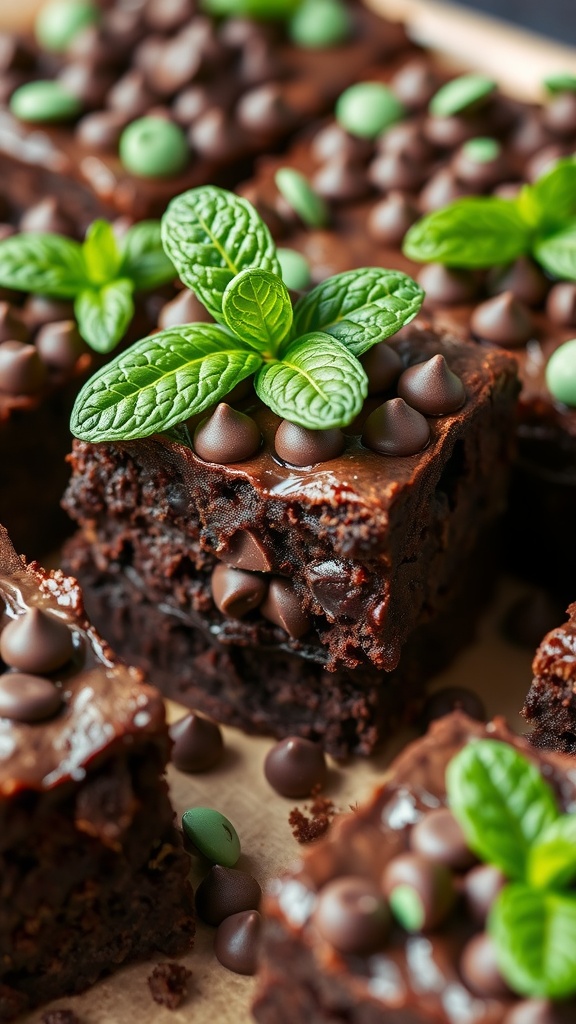 Mint chocolate chip brownies with chocolate chips and mint leaves on top