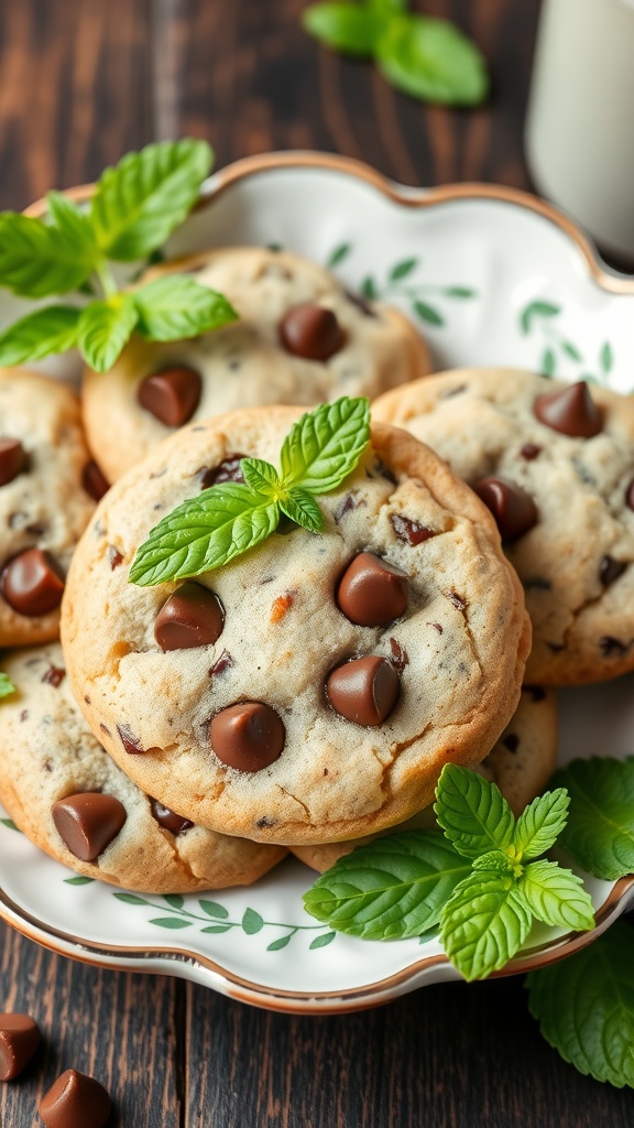 Mint chocolate chip cookies on a plate with fresh mint leaves
