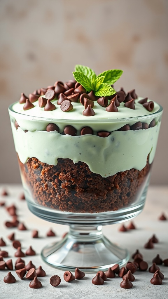 A delicious mint chocolate chip trifle garnished with chocolate chips and mint leaves.