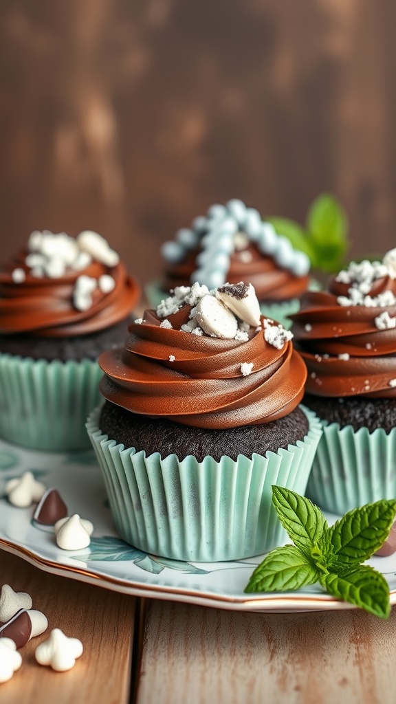 Mint chocolate cupcakes with chocolate frosting and Andes Mints topping.