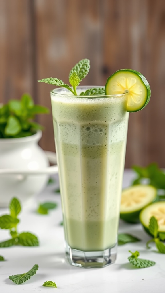 A refreshing green smoothie with cucumber and mint, garnished with a mint leaf and a slice of cucumber.