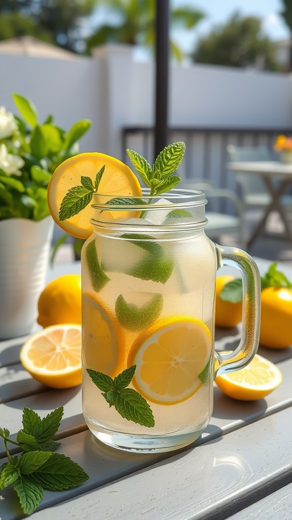 A refreshing Minty Lemonade Fizz in a glass with mint leaves and lemon slices.