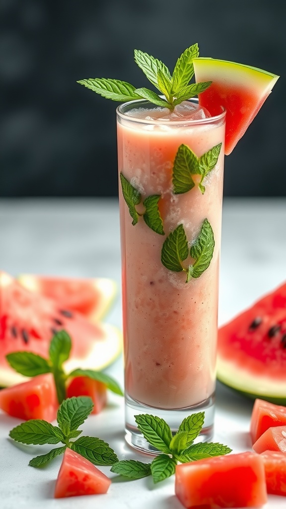 A refreshing Minty Watermelon Cooler in a glass, garnished with mint leaves and a slice of watermelon.