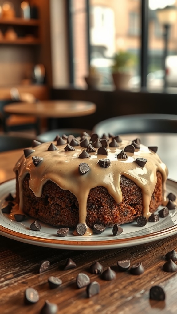 A slice of mocha chip coffee cake on a plate, with chocolate chips sprinkled on top.