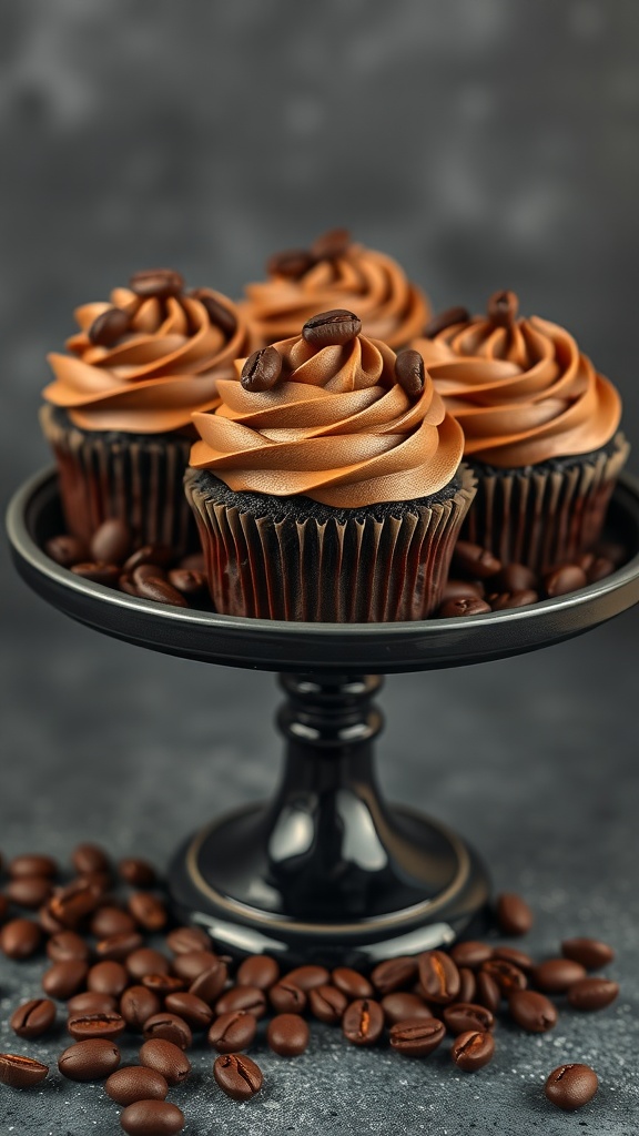 Mocha chocolate cupcakes topped with coffee buttercream and coffee beans