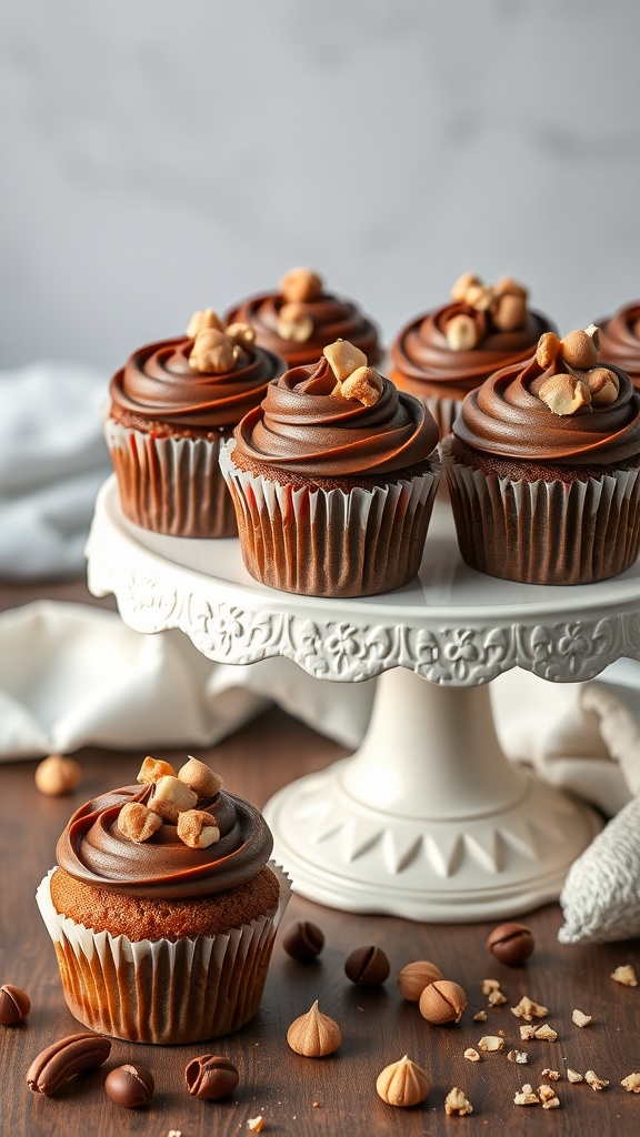 Mocha Hazelnut Cupcakes on a decorative cake stand.