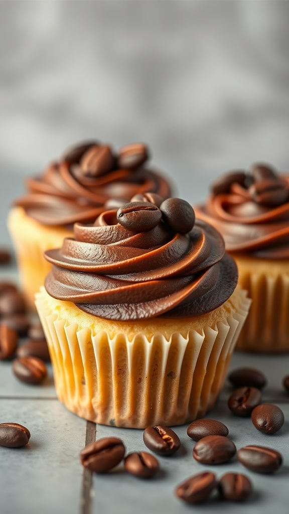 Mocha vanilla cupcakes with rich chocolate frosting and coffee beans