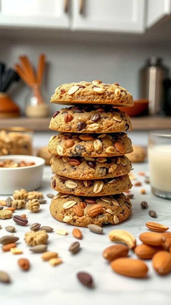 A stack of no-bake energy cookies with nuts and chocolate chips