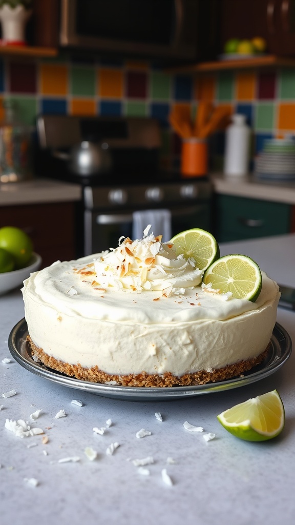 A creamy no-bake key lime pie topped with coconut whipped cream and lime slices