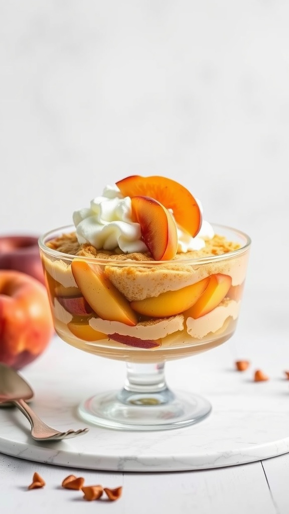 A delicious no-bake peach cobbler dessert in a glass dish, layered with peaches, cream, and topped with whipped cream.
