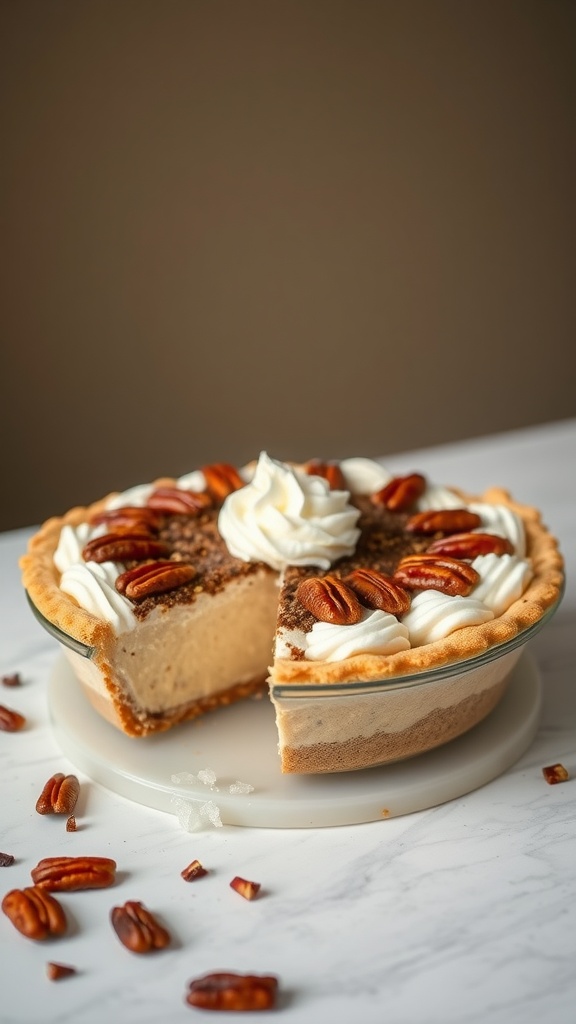Delicious no-bake pecan pie with a creamy filling and topped with whipped cream and pecans.