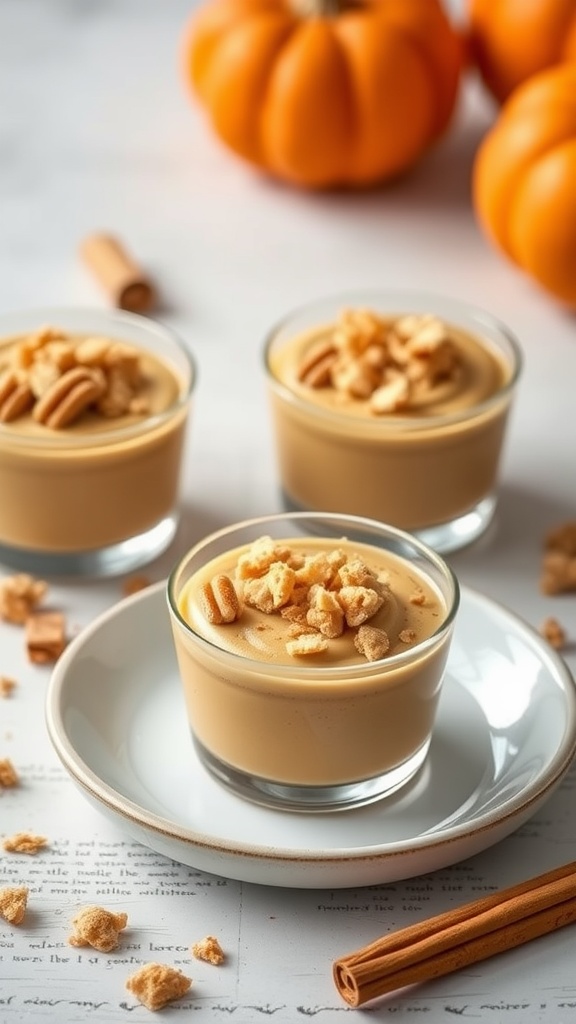 Three glasses of pumpkin mousse topped with crushed cookies, with pumpkins in the background.