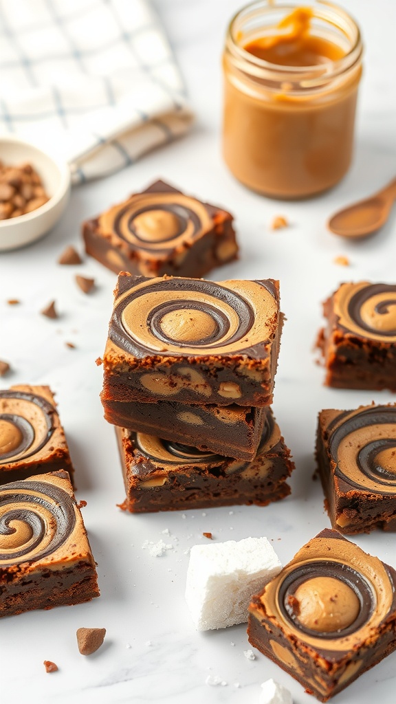 Delicious Nut Butter Swirl Brownies stacked on a marble surface.