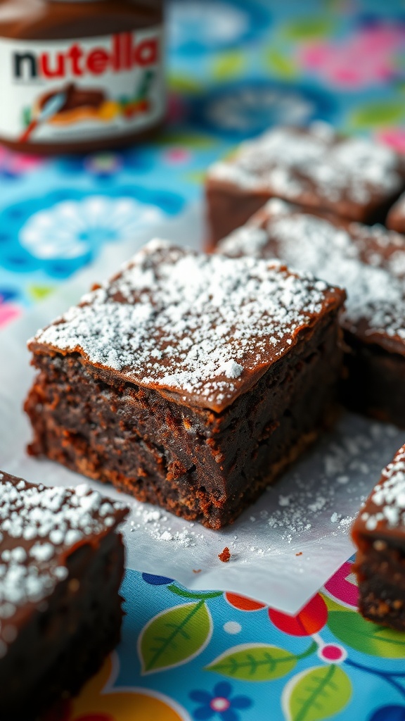 Delicious Nutella brownies dusted with powdered sugar