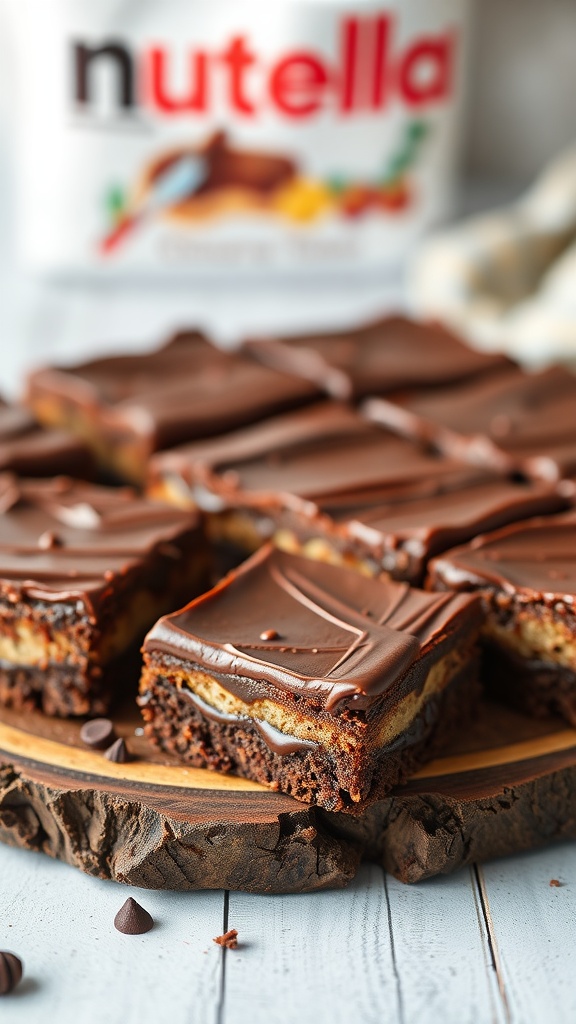 Delicious Nutella Cheesecake Brownies on a wooden board