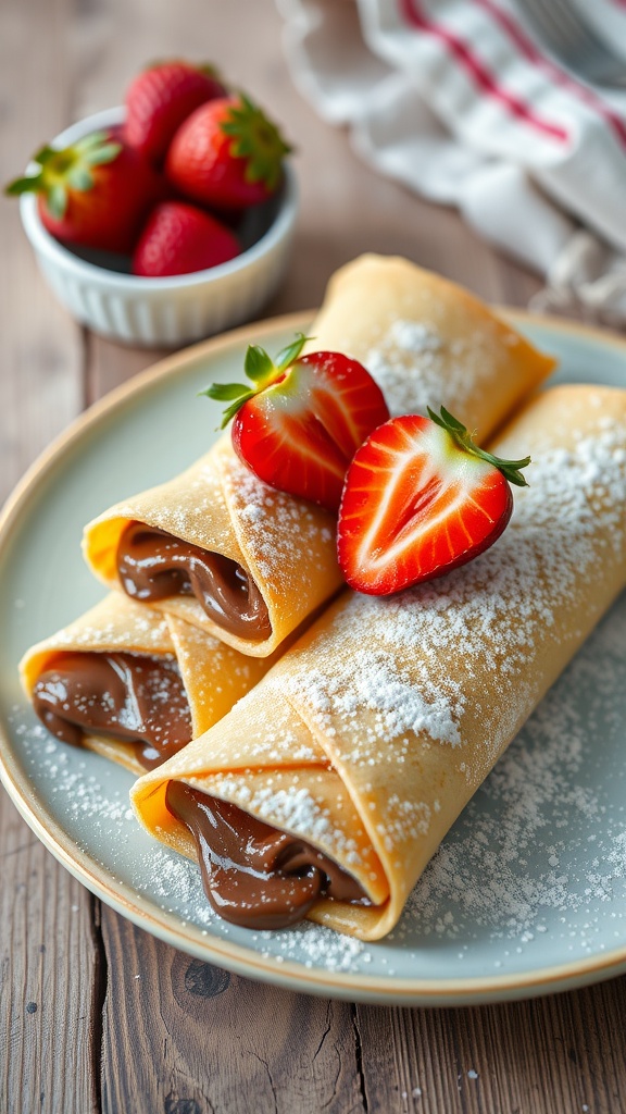 Delicious Nutella stuffed crepes served with strawberries
