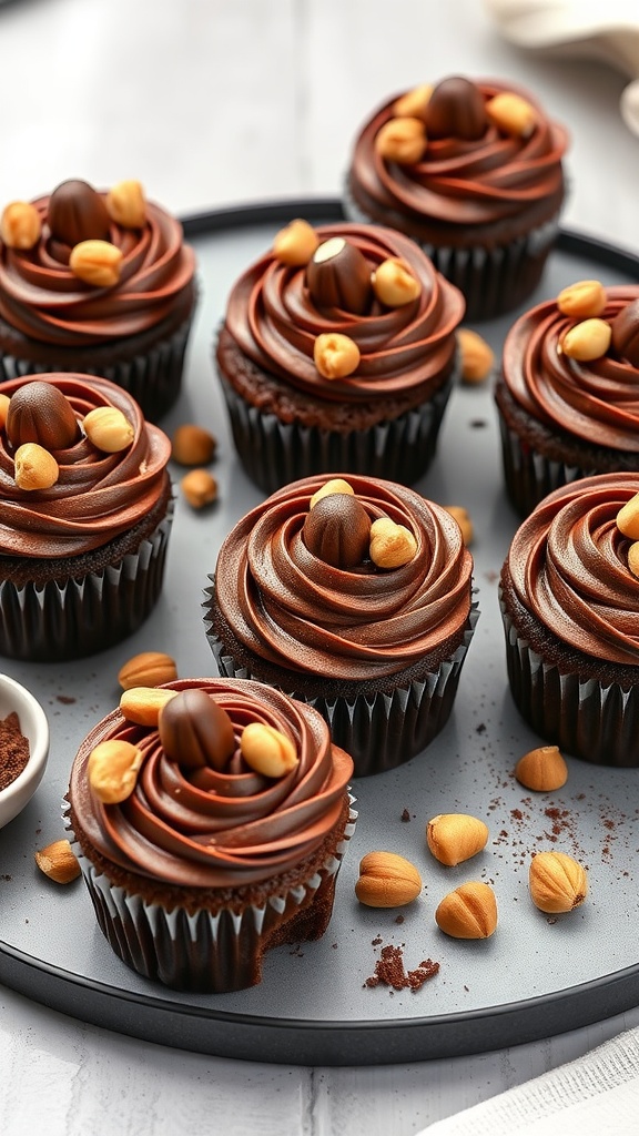 Nutella Swirled Chocolate Cupcakes topped with chocolate frosting and hazelnuts.
