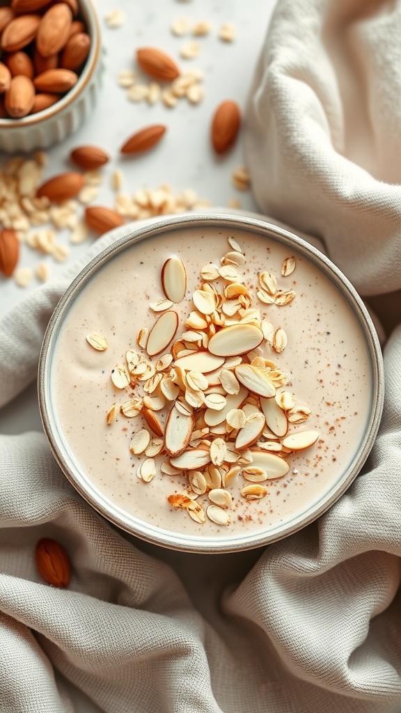 A bowl of creamy Nutty Almond Oatmeal Smoothie topped with almonds and oats