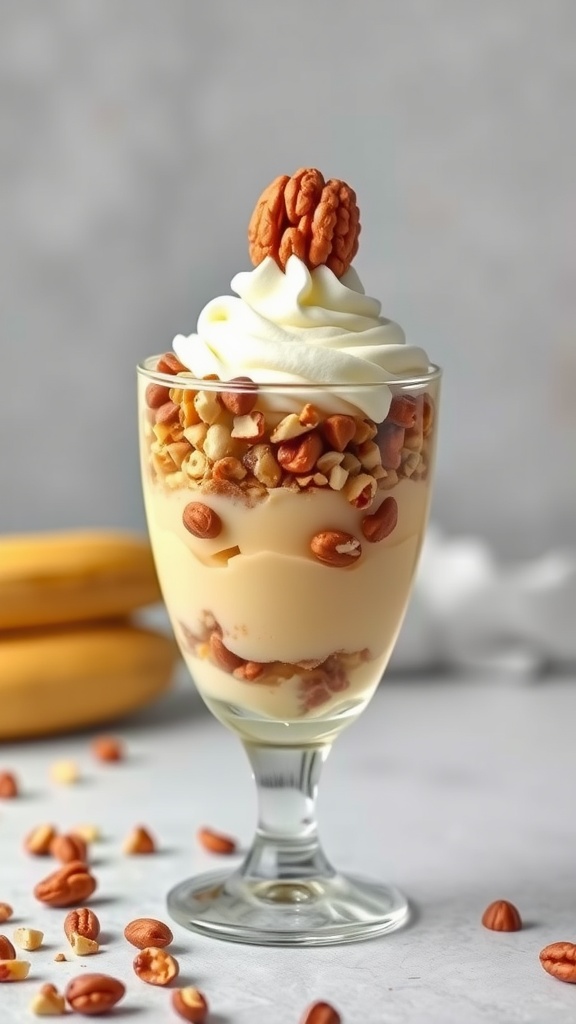 A delicious nutty banana pudding parfait in a glass, topped with whipped cream and nuts.