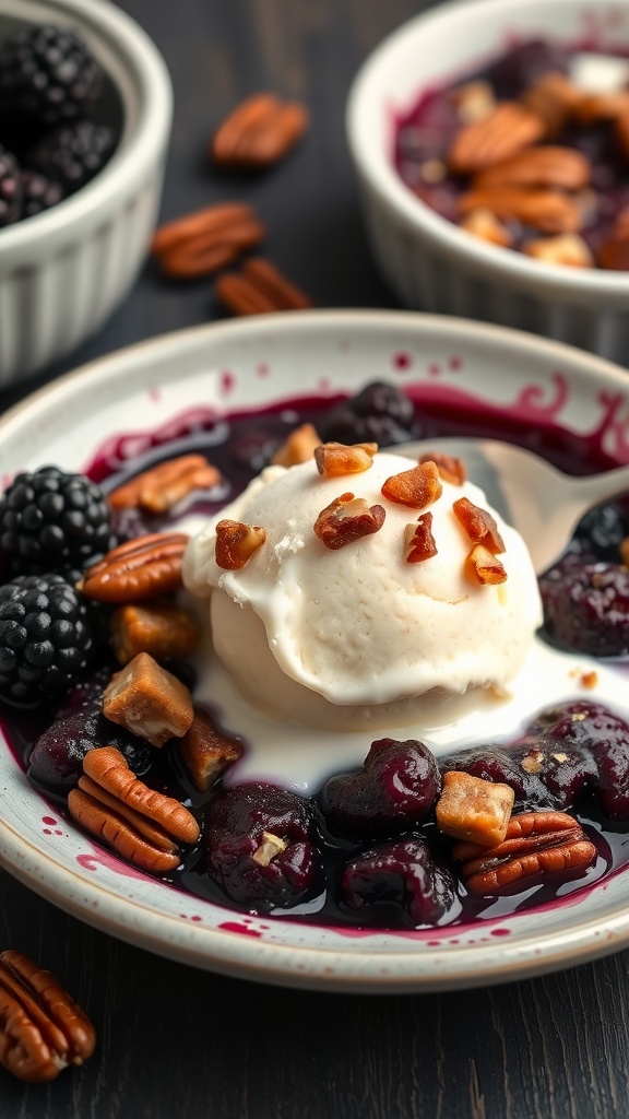 A delicious nutty blackberry cobbler topped with pecans, served with a scoop of vanilla ice cream.