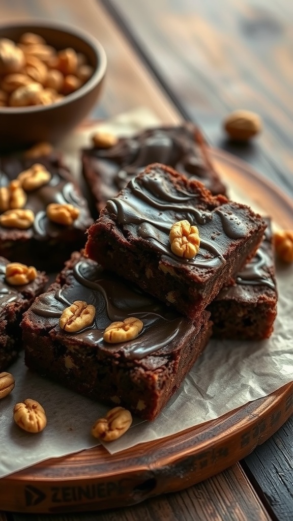 Delicious Nutty Chocolate Walnut Brownies served in a wooden bowl with walnuts