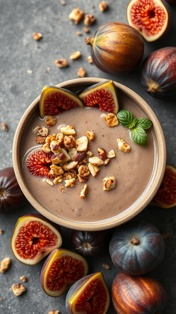 Smoothie bowl topped with figs and nuts