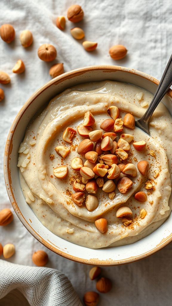 A creamy bowl of nutty hazelnut rice pudding topped with chopped hazelnuts and sprinkled with cinnamon.