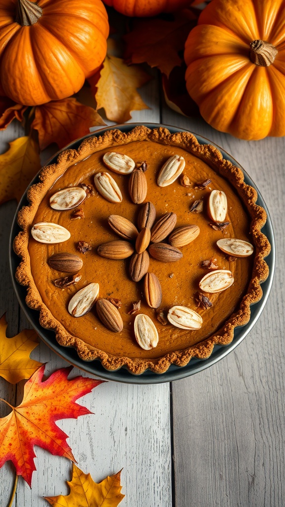 Delicious Nutty Pumpkin Pie topped with almonds, displayed with autumn decorations.