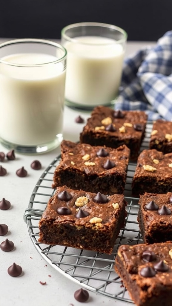 Oatmeal chocolate chip brownies on a cooling rack with glasses of milk
