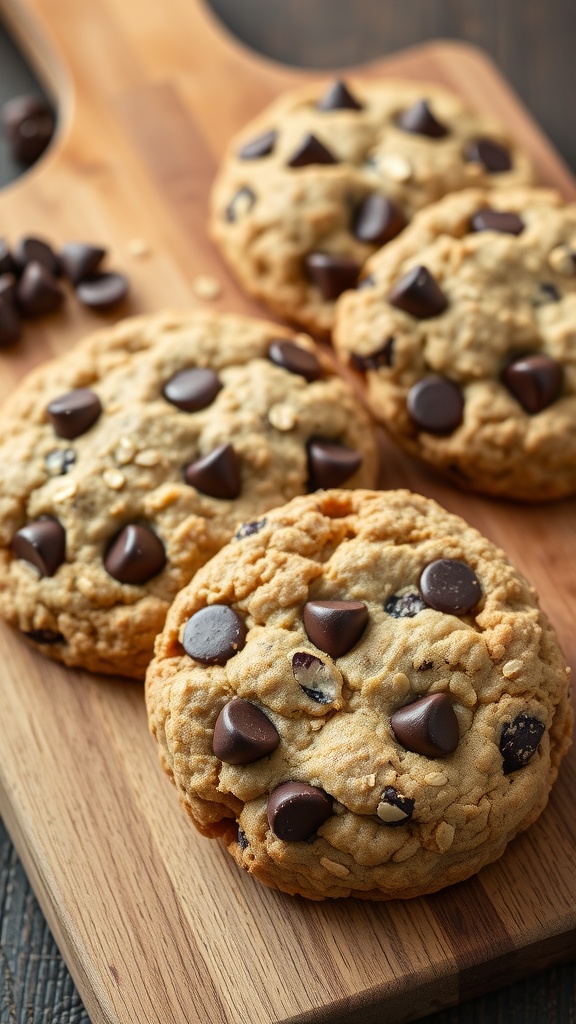 Oatmeal chocolate chip cookies on a wooden board.