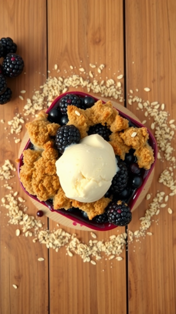 Oatmeal crumble blackberry cobbler with vanilla ice cream