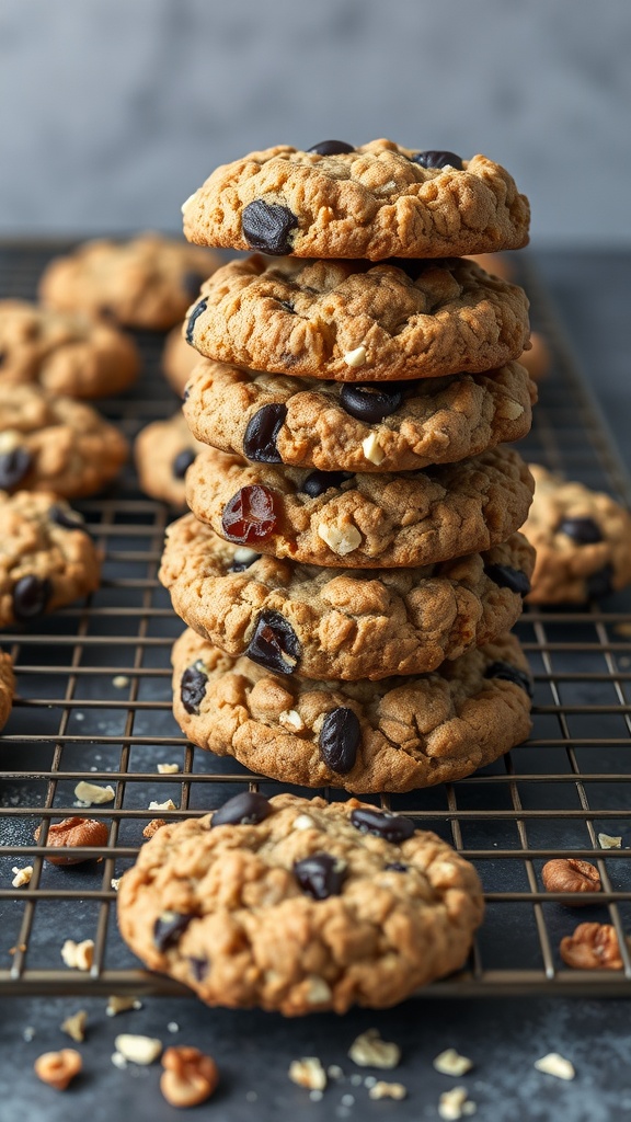 A stack of oatmeal raisin cookies on a wire rack.