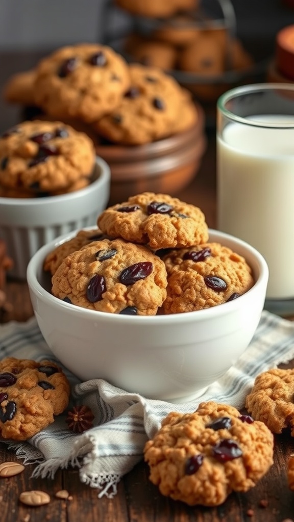 A bowl of oatmeal raisin cookies with a glass of milk, showcasing the delicious texture and raisins.