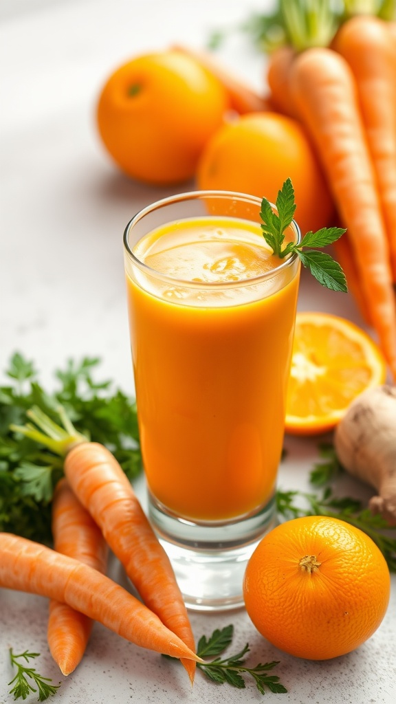 A refreshing glass of orange carrot ginger smoothie surrounded by fresh oranges and carrots.